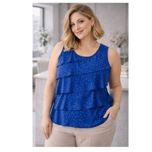 TAN JAY Sleeveless Tiered Ruffle Blouse Blue Tone-on-Tone Animal Print Sz XXL